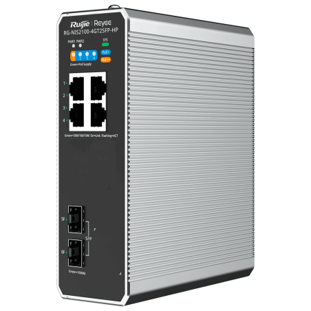 Switch industriel PoE Cloud de couche 2 Reyee | 4 ports RJ45 Gigabit + 2 ports SFP Gigabit | 4 ports PoE+ (30 W) + 1 port Hi-PoE