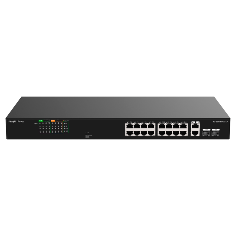 Switch PoE de bureau Reyee | 16 ports Fast Ethernet + 2 ports Gigabit Uplink | PoE+ (120 W) | Montage en rack | Installation fac