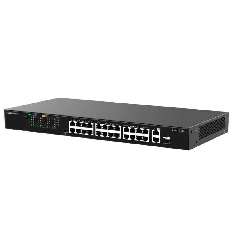 Switch PoE rackable Reyee | 24 ports Fast Ethernet PoE+ (180 W) + 1 liaison montante RJ45 + 1 port combo SFP | Isolation des por