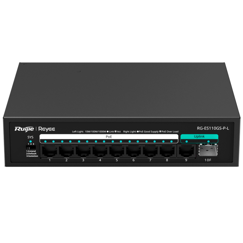 Reyee Switch PoE Sobremesa | 8 Puertos Gigabit PoE+ (120W) + 1 Uplink RJ45 + 1 Uplink SFP | Aislamiento de Puertos | Flow Contro