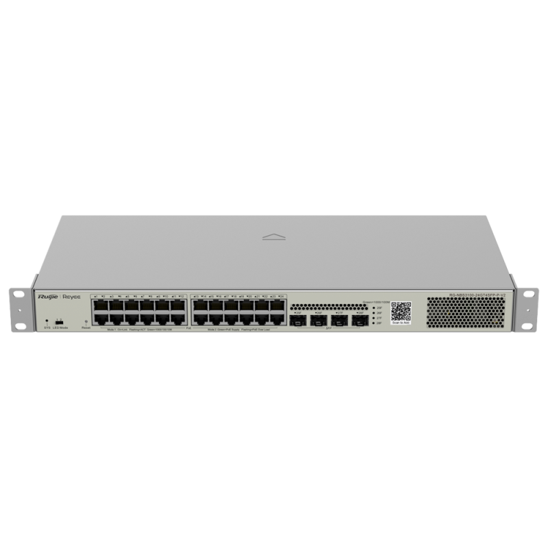 Reyee Switch PoE Cloud Capa 2 | 24 Puertos PoE Gigabit (30W por Puerto, 370W Máx.) + 4 SFP Gigabit | VLAN, Port Isolation, STP/R