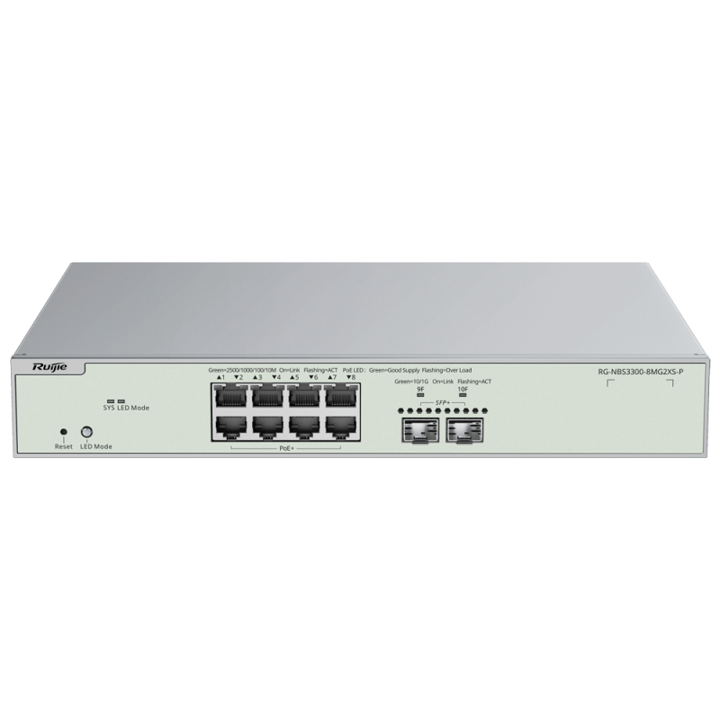 Reyee Switch PoE Cloud Capa 2 | 8 Puertos PoE MultiGigabit + 2 SFP+ 10Gbps | PoE 802.3af/at (Máximo 240W) | VLAN, Port Isolation